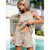 image:imageFlygo Striped Cotton Pajamas for Women Set Ruffle Cami Top Shorts SetsKhaki