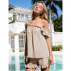 image:imageFlygo Striped Cotton Pajamas for Women Set Ruffle Cami Top Shorts SetsKhaki