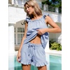 image:imageFlygo Striped Cotton Pajamas for Women Set Ruffle Cami Top Shorts SetsNavy
