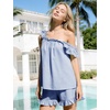 image:imageFlygo Striped Cotton Pajamas for Women Set Ruffle Cami Top Shorts SetsNavy