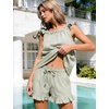 image:imageFlygo Striped Cotton Pajamas for Women Set Ruffle Cami Top Shorts SetsOlive