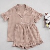 image:imageFlygo Womens Cotton Pajamas Set Gingham Lounge Sets Ruffle Shorts PjsBrown