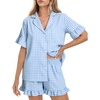 image:imageFlygo Womens Cotton Pajamas Set Gingham Lounge Sets Ruffle Shorts PjsBlue