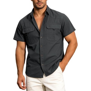 image:imageFlygo Mens Short Sleeve Work Shirts Cotton Button Down Shirt PocketsDark Grey