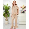 image:imageFlygo Girls Gingham 2 Pieces Outfits Cotton Top Ruffle Pants SetBrown