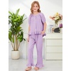 image:imageFlygo Girls Gingham 2 Pieces Outfits Cotton Top Ruffle Pants SetPurple