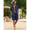 image:imageFlygo Mens Cotton Linen Shorts Sets 2 Piece Beach OutfitNavy