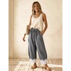 image:imageFlygo Womens Lace Hem Gingham Pants Cotton Wide Leg Elastic Barrel TrousersBlack