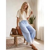 image:imageFlygo Womens Lace Hem Gingham Pants Cotton Wide Leg Elastic Barrel TrousersLightblue