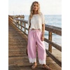 image:imageFlygo Womens Lace Hem Gingham Pants Cotton Wide Leg Elastic Barrel TrousersPink
