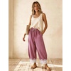 image:imageFlygo Womens Lace Hem Gingham Pants Cotton Wide Leg Elastic Barrel TrousersRed