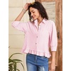 image:imageFlygo Womens Striped Button Down Shirts Cropped 34 Sleeve Ruffled BlousesPink