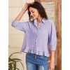 image:imageFlygo Womens Striped Button Down Shirts Cropped 34 Sleeve Ruffled BlousesPurple