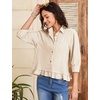 image:imageFlygo Womens Striped Button Down Shirts Cropped 34 Sleeve Ruffled BlousesTan