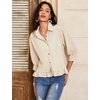 image:imageFlygo Womens Striped Button Down Shirts Cropped 34 Sleeve Ruffled BlousesTan