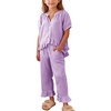 image:imageFlygo Girls Gingham 2 Pieces Outfits Cotton Top Ruffle Pants SetPurple