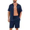 image:imageFlygo Mens Cotton Linen Shorts Sets 2 Piece Beach OutfitNavy