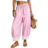 image:imageFlygo Womens Lace Hem Gingham Pants Cotton Wide Leg Elastic Barrel TrousersPink