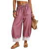 image:imageFlygo Womens Lace Hem Gingham Pants Cotton Wide Leg Elastic Barrel TrousersRed
