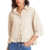 image:imageFlygo Womens Striped Button Down Shirts Cropped 34 Sleeve Ruffled BlousesTan
