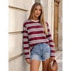 image:imageFlygo Womens Striped Long Sleeve Shirt Crewneck Color Block Pullover TopsWine