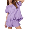image:imageFlygo Cotton Pajama Set for Women Ruffle Summer Pj Shorts SetsPurple