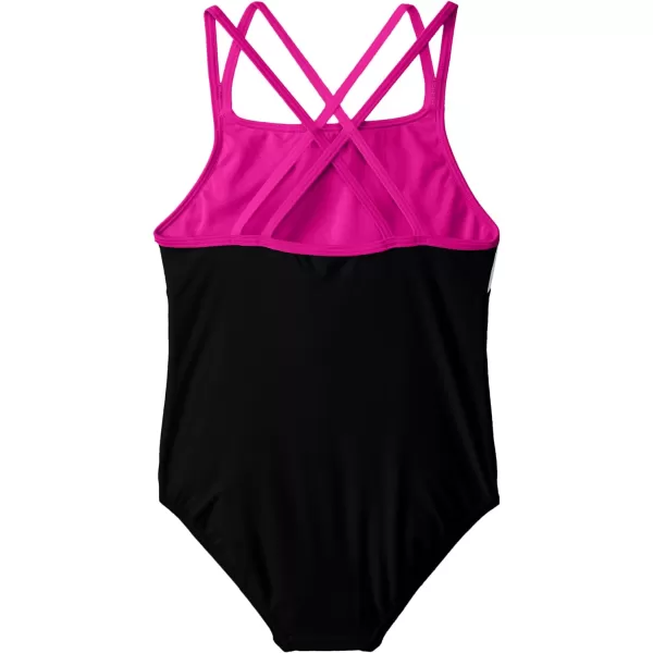 Speedo Girls Swimsuit One Piece Solid Cross Back Multi StrapsBlackPink