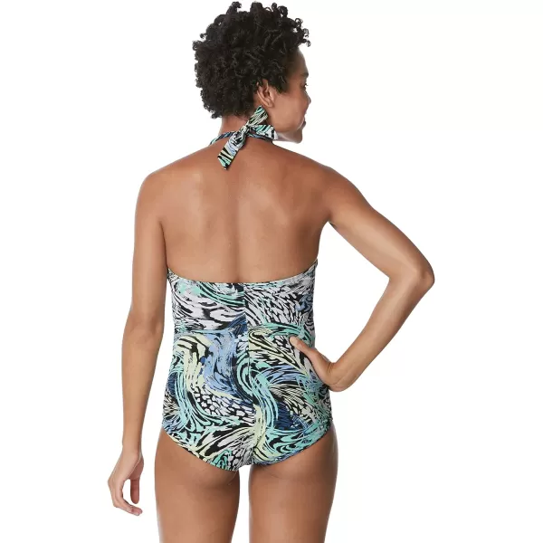 Speedo Womens Swimsuit One Piece VNeck Shirred Halter Moderate CutAnimal Swirl Dark Ivy