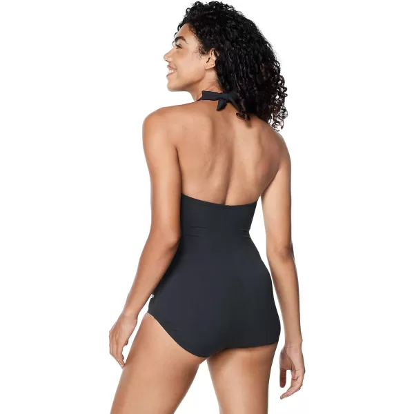 Speedo Womens Swimsuit One Piece VNeck Shirred Halter Moderate CutSpeedo Black