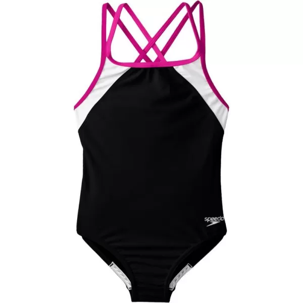 Speedo Girls Swimsuit One Piece Solid Cross Back Multi StrapsBlackPink