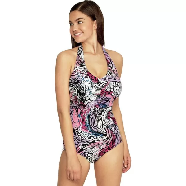 Speedo Womens Swimsuit One Piece VNeck Shirred Halter Moderate CutAnimal Swirl Festival Fuchsia