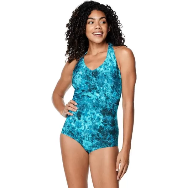 Speedo Womens Swimsuit One Piece VNeck Shirred Halter Moderate CutOcean Depths