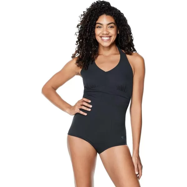 Speedo Womens Swimsuit One Piece VNeck Shirred Halter Moderate CutSpeedo Black