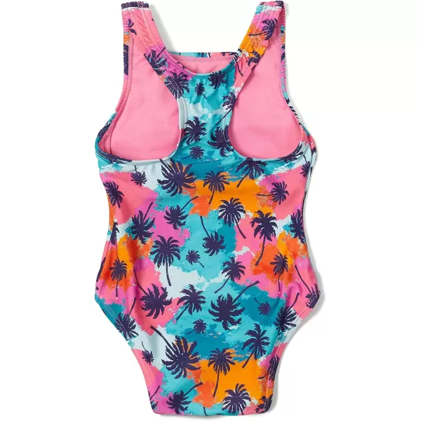 Speedo Girls Swimsuit One Piece Thick Strap Racer Back PrintedPalm Aqua Splash