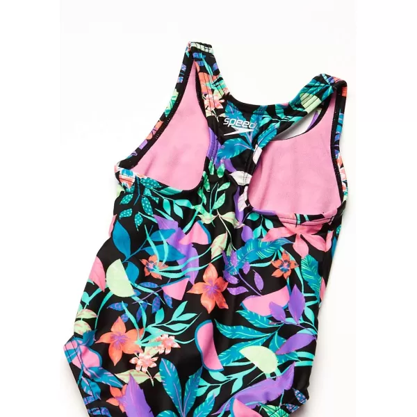 Speedo Girls Swimsuit One Piece Thick Strap Racer Back PrintedSpeedo Black Tie