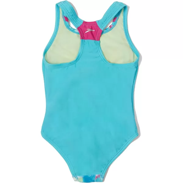Speedo Girls Swimsuit One Piece Thick Strap Racer Back PrintedTie Dye Blue Atoll Splice