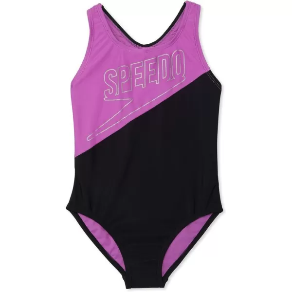 Speedo Girls Swimsuit One Piece Thick Strap Racer Back PrintedLogo Speedo Black