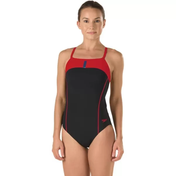 Speedo Womens Swimsuit One Piece Power Plus Drill Back Solid Adult Team ColorsDiscontinuedBlackTrue Red