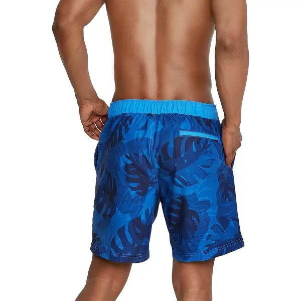 Mens Swim Trunk Knee Length Boardshort Bondi Printed18 Palm Palace Blue