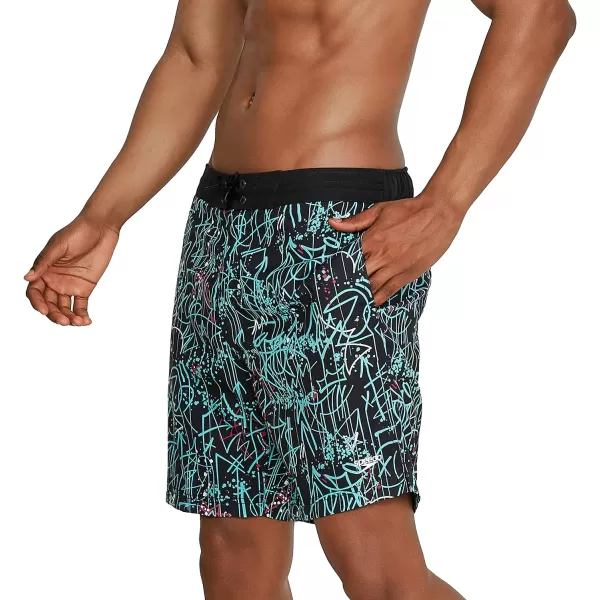 Mens Swim Trunk Knee Length Boardshort Bondi Printed18 Spray Porcelain