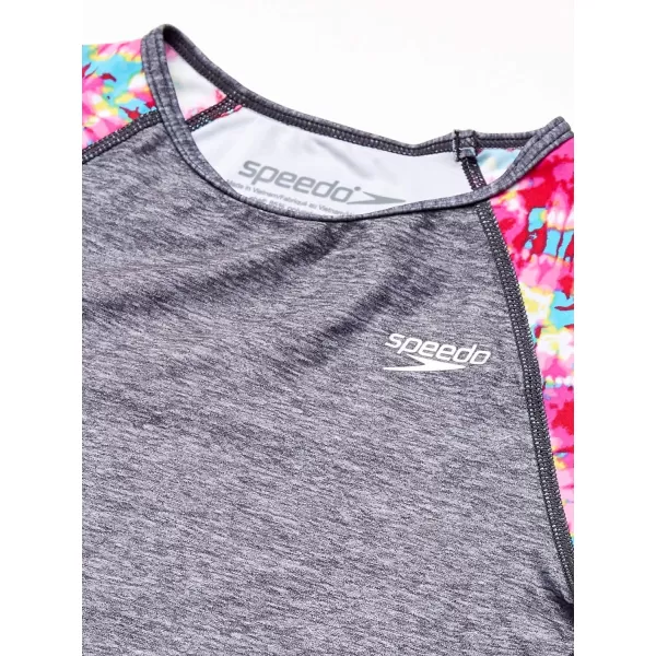 Speedo Girls Printed Short Sleeve Rash Guard tShirt Two Piece Swim SetBright Pink