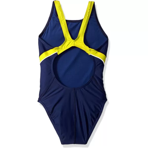 Speedo Girls Swimsuit One Piece Powerflex Pulse Back Solid Youth Team ColorsNavyGold