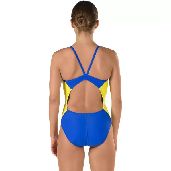 Speedo Womens Power Flex Eco Revolve Splice Energy Back One Piece SwimsuitSapphireGold