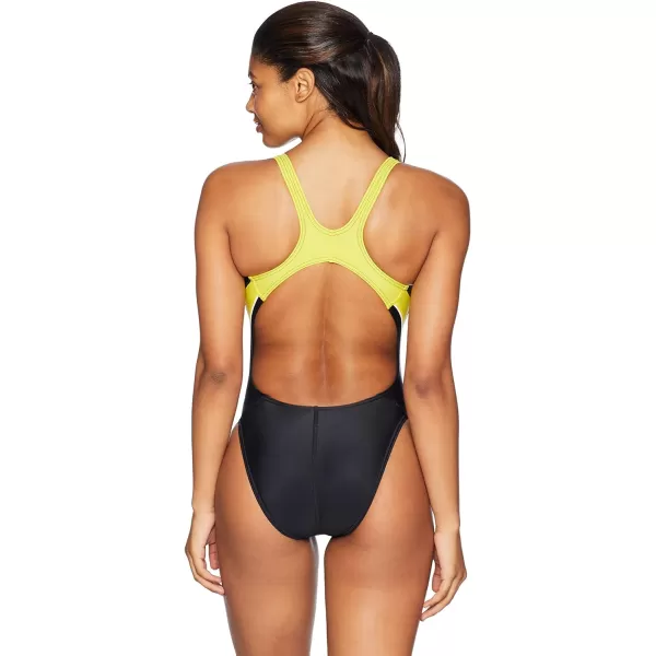 Speedo Womens Powerflex Eco Taper Splice Pulse Back One Piece SwimsuitBlackGold