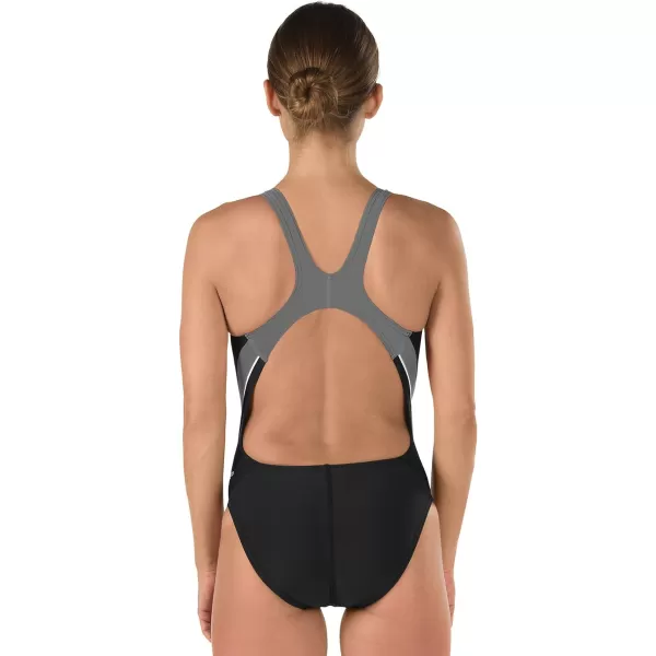 Speedo Womens Powerflex Eco Taper Splice Pulse Back One Piece SwimsuitBlackGrey