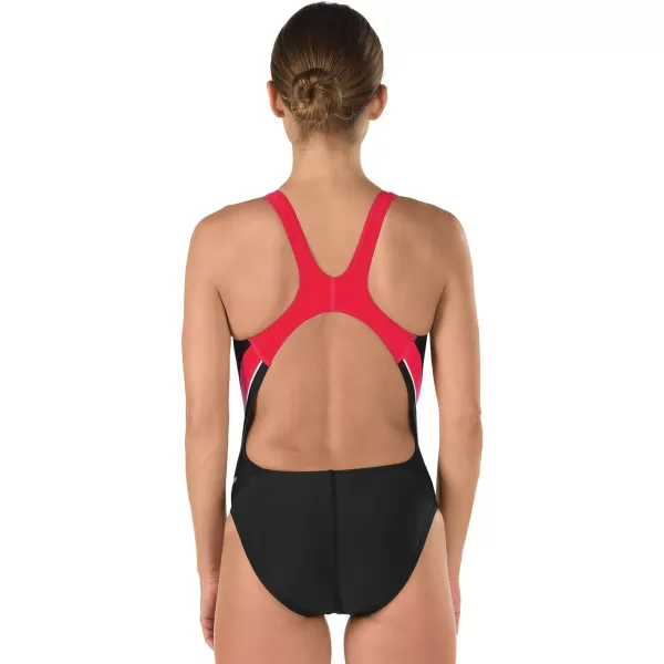 Speedo Womens Powerflex Eco Taper Splice Pulse Back One Piece SwimsuitBlackRed
