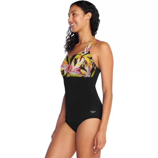 Speedo Womens Swimsuit One Piece Adjustable Square Neck Moderate CutCoastal Leaves Pink