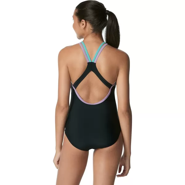 Speedo Womens Swimsuit One Piece Contrast Binding High CutSpeedo BlackBlue