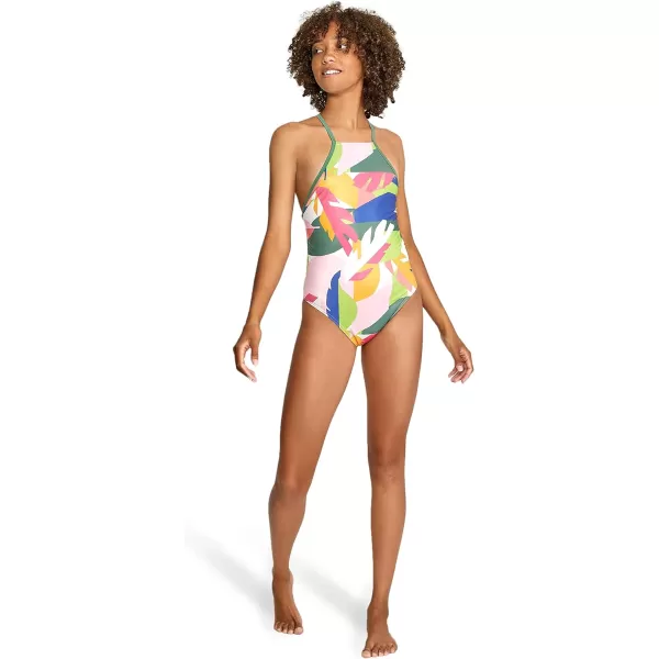 Speedo Womens Swimsuit One Piece Endurance Turnz Tie Back PrintedHigh Neck Block Tropics