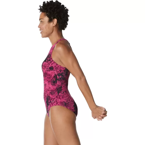 Speedo Womens Swimsuit One Piece High Neck Contemporary CutBlended Ink Festival Fuchsia